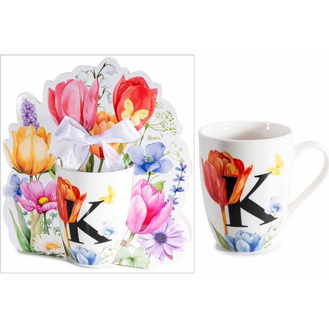 Tasses en porcelaine imprimé floral et initiale K en coffret cadeau découpé avec nœud, lot de 3, tasse diam. 8 cm x H. 10,5