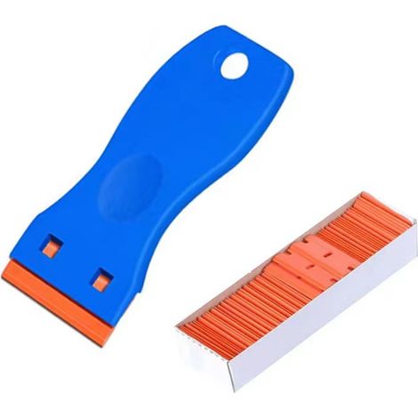 Kunststoff-Rasierklingenschaber, 1 Schaber mit 100 Kunststoffklingen zum Entfernen von Aufklebern, Abziehbildern, Klebstoffen, Etiketten, Farbe, Glas, Autos, Fenstern, Herden, Dichtungsmasse und für k