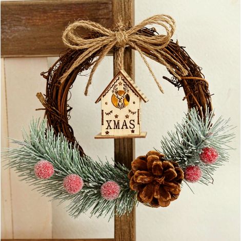 Couronne de Noël en vigne 15 cm avec maisonnette en bois, décoration murale suspendue style rustique (1/3)