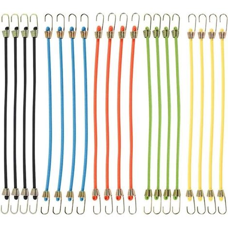 20 petits tendeurs robustes 25 cm, mini cordons caoutchouc réglables, sangles fixation extérieure crochets métal (1/5)