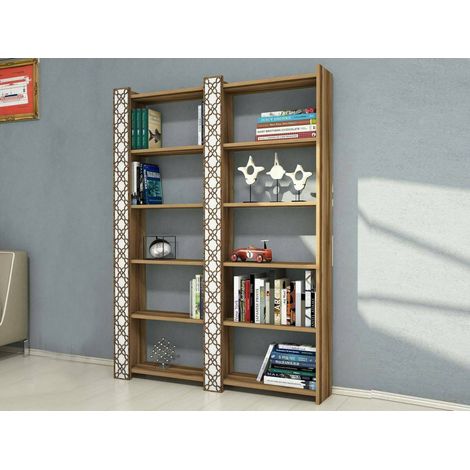 Dmora - Estante para libros Alula, Estante de oficina, Porta libros móvil, Biblioteca, 125x24h170 cm, Nogal y Blanco, con embalaje reforzado (1/4)