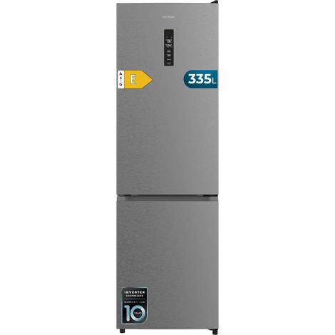 Frigorifero combinato inox, alto 185,5 cm e largo 59,5 cm, con capacità di 322 litri, compressore Inverter Plus, Total No Frost, distributore d'acqua, classe energetica E e sistema Multi Air Flow.