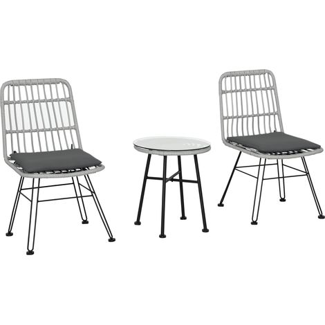 Polyrattan Bistroset 3-teilig Balkonmöbel Rattan PE Stahlrahmen Couchtisch mit Glasplatte 2 Sessel Grau