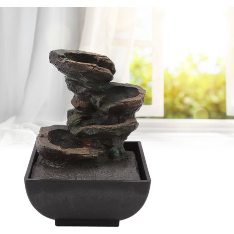 Robuster, vierstufiger Tischbrunnen aus Kunstharz mit LED-Beleuchtung, Wasserfall- und Soundeffekten, ideal für Zuhause, Büro oder Hotel (EU-Stecker 220 V). (1/5)
