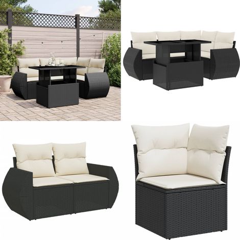 Salon de jardin 5 pcs avec coussins noir résine tressée - Ensemble Salon De Jardin - Meuble Extérieur - Jardin Design - Mobilier Résistant Aux Intempéries - Chaise Longue - Home & Living (1/5)