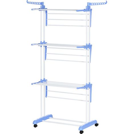 Séchoir étendoir à linge sur roulette pliable ailes latérales intérieure et extérieure 73 x 64 x 177 cm bleu argent (1/5)
