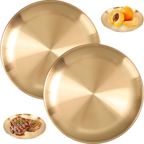 Lot de 2 Assiettes, Acier Inoxydable, Finition Dorée, Diamètre 20cm, Léger, Camping, Pique-nique (1/5)