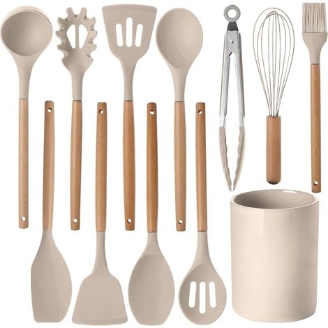 12 pièces Ensemble d’ustensiles de cuisine, lot d’ustensiles de cuisine en silicone avec manche en bois, résistants à la chaleur, antiadhésifs, pinces, spatules et cuillères pour ustensiles de cuisine (1/5)