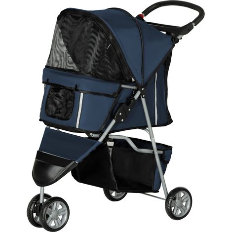 Chariot pour petits chiens avec panier de rangement fenêtres en maille 2 roues universelles bleu foncé 75x45x97 cm