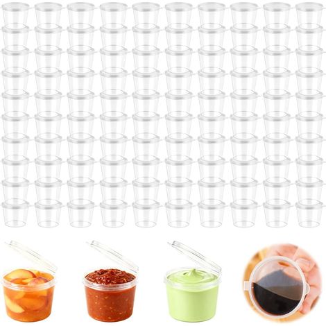100 petits pots sauce plastique 25 ml avec couvercle, scellés, transparents, micro-ondes, pour ketchup/dips