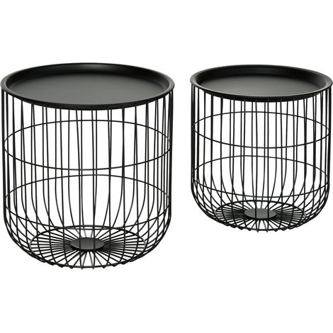 Set de 2 tables basses rondes en acier noir avec rangement, style scandinave (1/5)