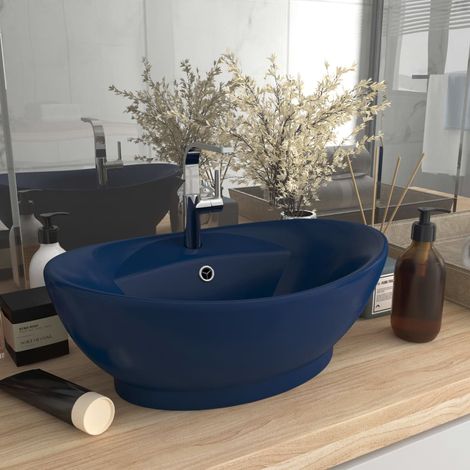Lavabo ovale à trop-plein Bleu foncé mat 58,5x39 cm Céramique vidaXL (1/5)