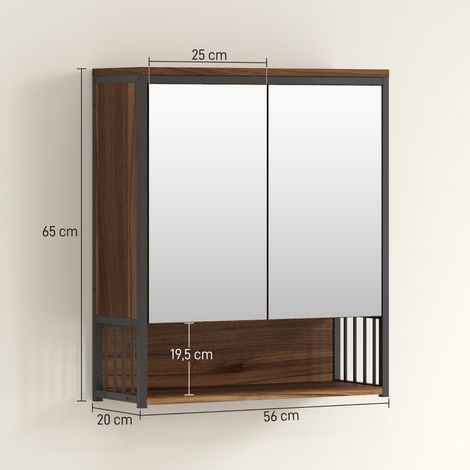 Meuble vasque suspendu avec miroir pour salle d'eau, MDF et panneau de particules, finition chêne brun, rangement mural compact. (1/5)