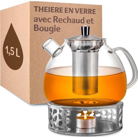 Glass Teapot with Filter - Large 1.5L - With Warmer and Candle - Dishwasher Safe - Heat Resistant