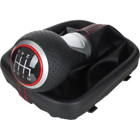 Pommeau de levier de vitesses Audi A3 8P 03-12 en cuir écologique noir + argent 6 vitesses + soufflet noir à surpiqûres rouges