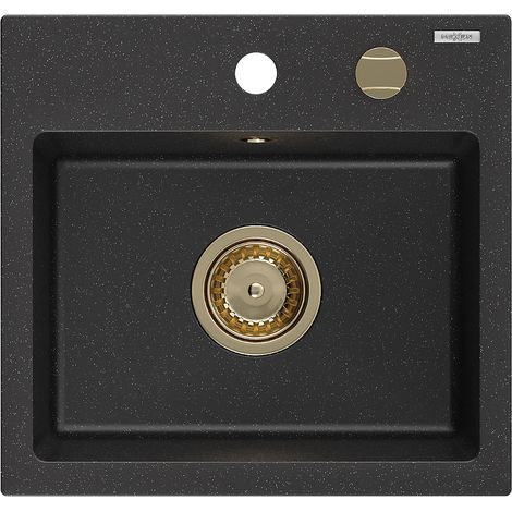 Mexen Milo évier en granit à 1 cuve 435 x 410 mm, Noir/ Argent métallique, siphon Or - 6505441000-73-G (1/5)