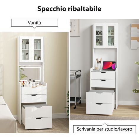 Table de maquillage blanche avec miroir lumineux ajustable, tabouret assorti, tiroirs et armoire. (1/5)