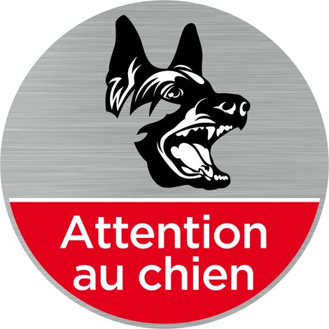Pictogramme Attention au chien (Q0469).- Adhésif aspect aluminium brossé - Diamètre 83 mm