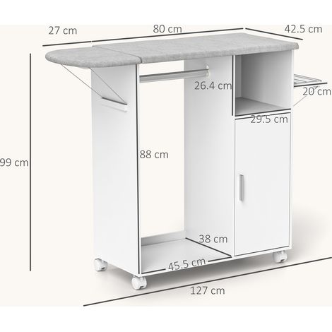 Table à repasser portable (avec plateau, 3 étagères cubiques et barres de maintien), dimensions : 127 x 42,5 x 99 cm, blanche (1/5)