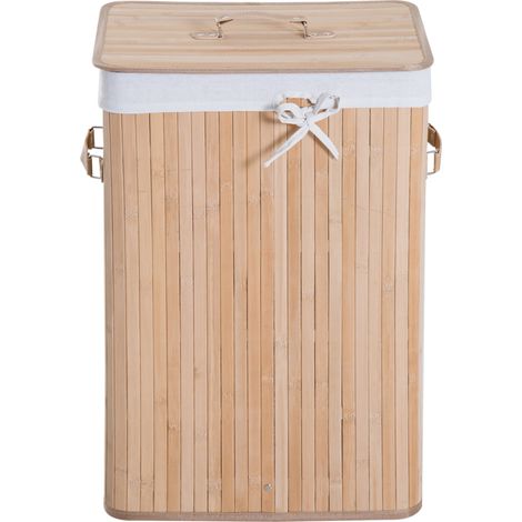 Panier à linge corbeille à linge bac à linge bambou pliable couvercle sac amovible 3 poignées PU 40L x 30l x 60H cm beige