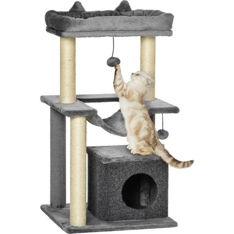 Árbol rascador para gatos de 90 cm con hamaca, cueva, plataformas y postes de sisal gris HOMVRA (1/5)