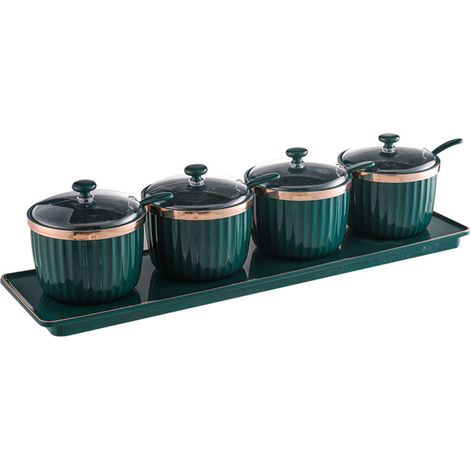 Ensemble de 4 boîtes à épices de cuisine avec couvercle transparent et bordure dorée, idéales pour ranger sel et sucre. (1/4)