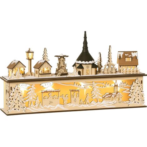 Villaggio natalizio in legno illuminato, casetta in miniatura da tavolo con 10 LED a luce bianca calda - 45 x 10 x 25 cm
