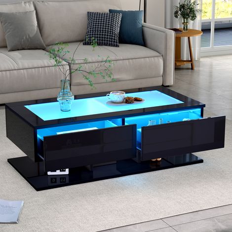 Table basse noire brillante avec plateau en verre trempé et LED, 100 x 50 cm, 2 tiroirs (1/5)