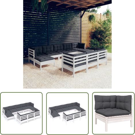 The Living Store Salon de jardin 10 pcs avec coussins blanc bois de pin massif - Salon De Jardin - Mobilier De Jardin - Ensemble Salon De Patio - Meubles Exterieurs - Chaise Longue (1/5)