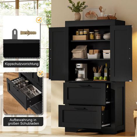 Meuble de cuisine de style campagnard avec 2 tiroirs et étagères réglables, meuble d'appoint style porte de grange, idéal comme meuble de rangement pour la cuisine, la salle à manger et le salon, noir (1/4)
