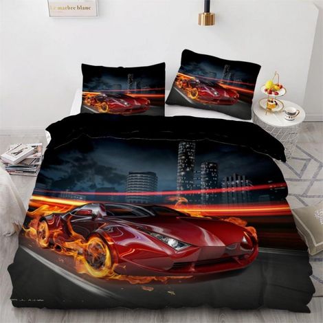 Bettwäsche-Set 220x240 cm mit 2 Kissenbezügen 80x80 cm, 3D Rennwagen Motiv, Mikrofaser, Rot