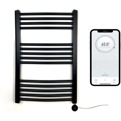 Black Electric Smart WiFi Controlled Heated Towel Rail 500mm W x 800mm H Curved 7 Day Programmable Timer App Compatibility