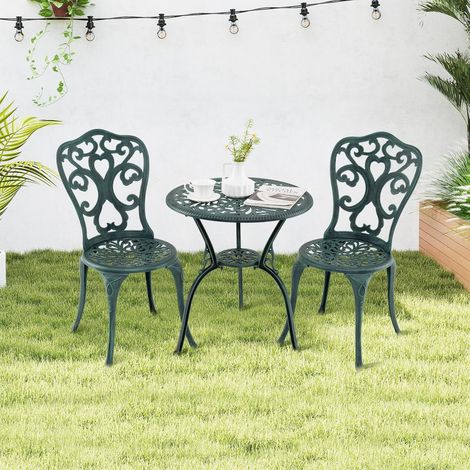 GOPLUS Salon de Jardin Exterieur 2 Personnes,3 PCsTable Exterieur avec 2 Chaises à Haut Dossier en Aluminiu, Motif RetroTrou pour Parasol Intégré, pour Jardin, Balcon, Patio, Terrasse= (Vert) (1/5)