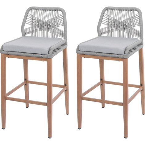 Lot de 2 tabourets de bar extérieur avec dossier cordage élastique décoratif et repose-pieds structure acier effet bois coussins gris clair 040009641