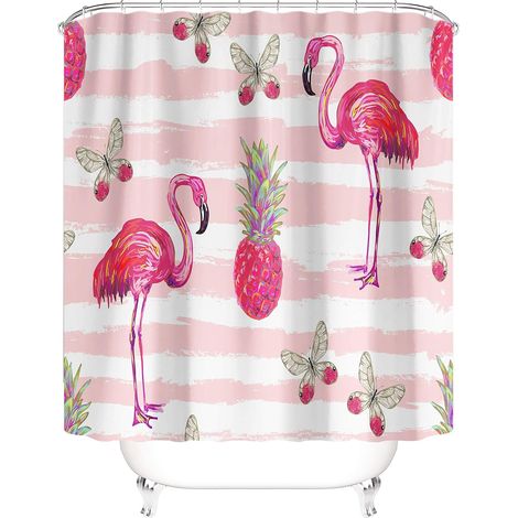 Tenda da doccia Taysta con motivo astratto, acquerello, piante tropicali, animali, fenicotteri rossi, ananas, foglie verdi, farfalle, rosa, bianco, a righe, decorazione per il bagno, set di tende da d (1/5)