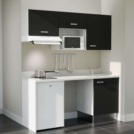 Kitchenette K55L - 180 cm - plan monobloc évier intégré Snova- évier à droite - Façades Noir + Electroménager inclus coloris Blanc (1/5)