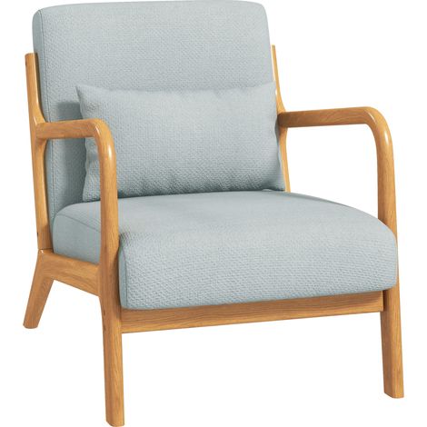 Lounge-Sessel mit Massivholzrahmen – tiefe Sitzfläche – Armlehnen – hellgraues Kunstleinen
