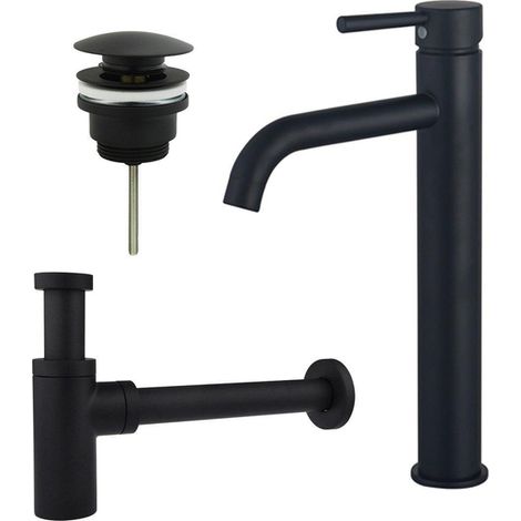 Fortifura Calvi Kit mitigeur lavabo - robinet rehaussé - bonde clic clac - siphon design - Noir mat