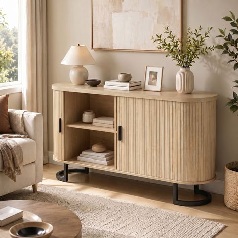 Buffet ovale salon, meuble de rangement 2 portes coulissantes, étagères ajustables, 140x40x75cm, bois naturel (1/5)