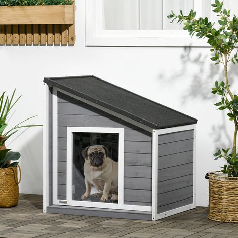 Cuccia per cani PawHut in legno massello, resistente alle intemperie, con tetto in asfalto, 71 cm x 58 cm x 77 cm, grigio + bianco