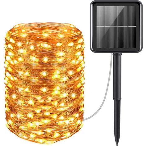 CATENA LUMINOSA NATALE 10 mt 100 LED FILO RAME PANNELLO SOLARE Picchetto 8 giochi Bianco Caldo (1/5)