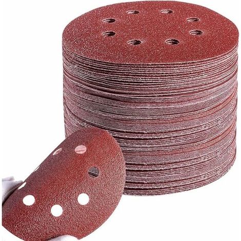 Disques à meuler de 125 mm, 8 trous, disques circulaires, grain P60/80/100/120/240 pour le meulage, le polissage et le décapage de la rouille avec ponceuse orbitale aléatoire, lot de 100. (1/5)