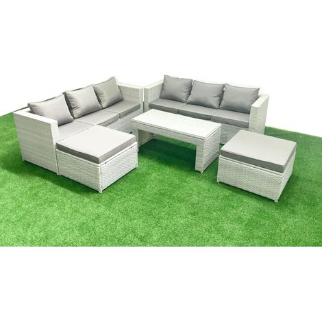 Fimous 8 Seater Garden Outdoor Rattan Furniture Set Rattan Garden Sofa Oblong Coffee Table with 2 Big Footstools Light Grey Mixed (1/5)