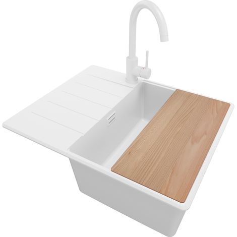 PRIMAGRAN Evier Cuisine en Granit 62x50cm, Lavabo 1 bac + Kit de Vidage + Accessoire, Évier à Encastrer au meuble 45cm - Copenhague, Tout Blanc (1/5)