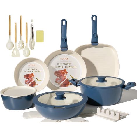 Set de Poêles et Casseroles 23 pièces Poignée amovible, batterie de cuisine antiadhésive en céramique non toxique, sans PFOA, compatible avec induction/gaz, lavable au lave-vaisselle, Bleu (1/5)