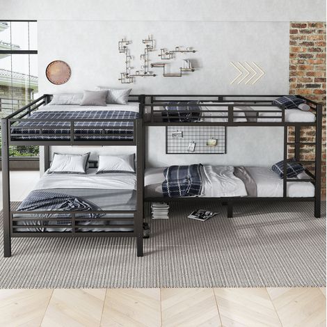 Letto a castello bambini 90x200 cm e 140x200 cm con 4 posti letto, scala a tre gradini e configurazione multipla, senza materasso, nero (1/5)