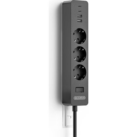 Multiprise Murale avec Plaque Adhésive, Multiprise 3 Prises Montage Mural avec USB-C, Câble 1,5 M, Fixation Murale, Sécurité Enfant et Interrupteur, Noir (1/5)