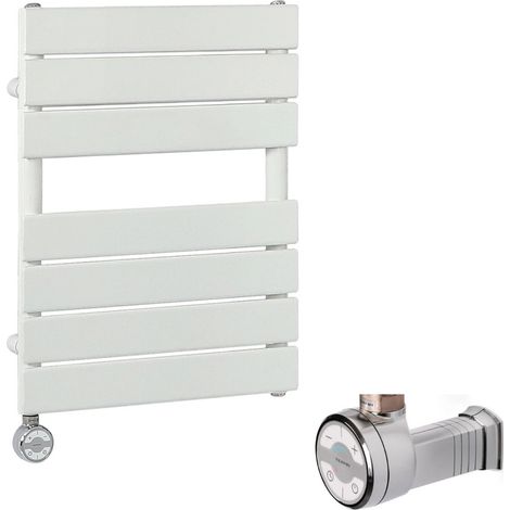 Milano Lustro Electric - Modern White Flat Panel Heated Towel Rail Radiator with Thermostatic Heating Element and Cable Cover - 600mm x 400mm (1/5)