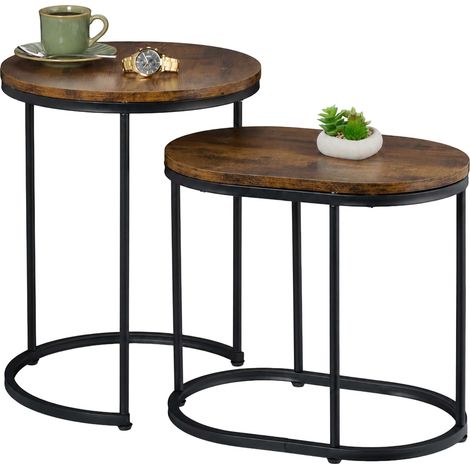 Relaxdays nesting table set of 2, oval and round, wood effect, metal, living room, industrial design, brown/black (1/5)