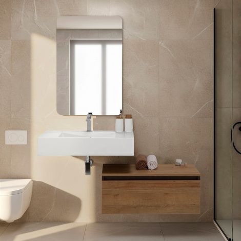Mobile bagno sospeso 80 cm rovere africa con lavabo sospeso e specchio - Numa (1/5)